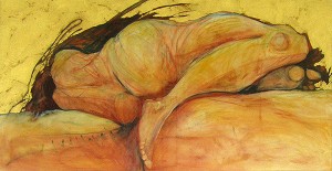 Blue ... conte crayon acrylic paint and gold leaf on cnvas