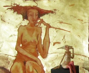 Close up ... conte crayon and gold leaf on paper and mixed media figurative sculpture