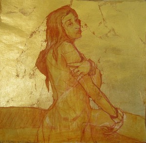 Daydreamer ... conte crayon and gold leaf on paper