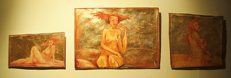 Three Attitudes ... conte crayon and gold leaf on paper