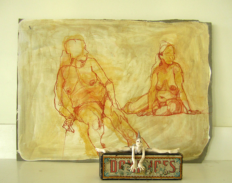 Two Rosas and Dominoes ... conte crayon and acrylic paint on paper and mixed media figurative sculpture